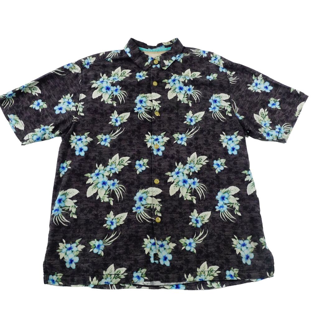 Tommy Bahama Silk Floral Leaf Hawaiian Button Up Short Sleeve Camp Shirt Large